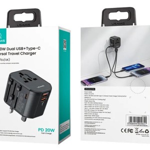 شارژر مسافرتی دو یواس‌بی، یک تایپ‌سی و یک سوکت برق 20 وات یوسامز USAMS US-CC179 T59 20W USB+Type-C Universal Travel Charger 20W