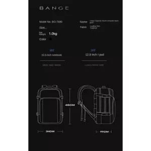 کوله پشتی یو اس بی دارد ضد آب لپ تاپ 15.6 اینچ بنج BANGE BG-7690