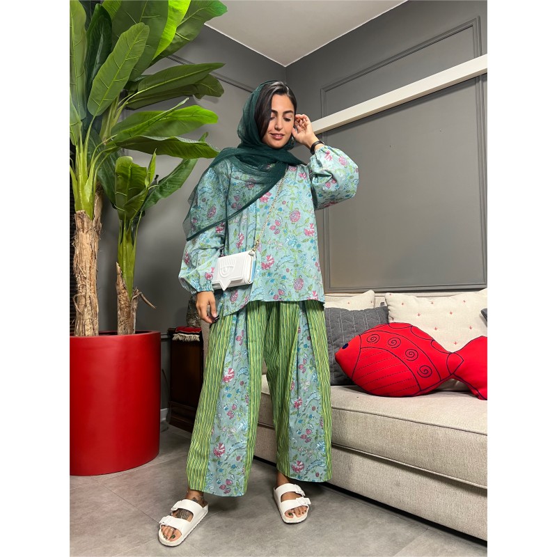 شومیز و شلوار سبز طوسی خُنک