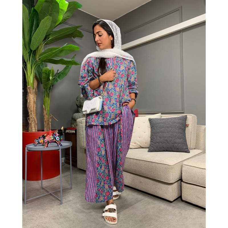 ست شومیز شلوار ابی گل سرخ خُنک