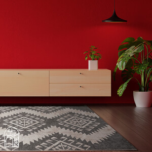 Wood sideboard in red living room with copy space, 3D rendering