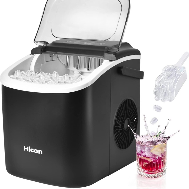 HICON Ice Cube Maker Machine Making Bullet Ice Cubes 33 lbs/24 hrs, With Handle and Automatic Cleaning Function, Countertop with Ice Scoop for Home Kitchen, Bars, Coffee Tea Shops (Plastic) دستگاه یخ ساز HICON یخ ساز گلوله ای 33 پوندی در 24 ساعت، با دسته