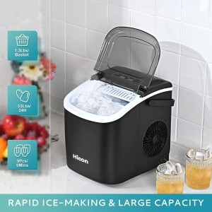 HICON Ice Cube Maker Machine Making Bullet Ice Cubes 33 lbs/24 hrs, With Handle and Automatic Cleaning Function, Countertop with Ice Scoop for Home Kitchen, Bars, Coffee Tea Shops (Plastic) دستگاه یخ ساز HICON یخ ساز گلوله ای 33 پوندی در 24 ساعت، با دسته