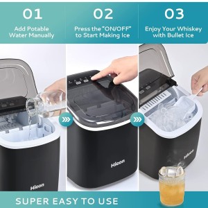 HICON Ice Cube Maker Machine Making Bullet Ice Cubes 33 lbs/24 hrs, With Handle and Automatic Cleaning Function, Countertop with Ice Scoop for Home Kitchen, Bars, Coffee Tea Shops (Plastic) دستگاه یخ ساز HICON یخ ساز گلوله ای 33 پوندی در 24 ساعت، با دسته