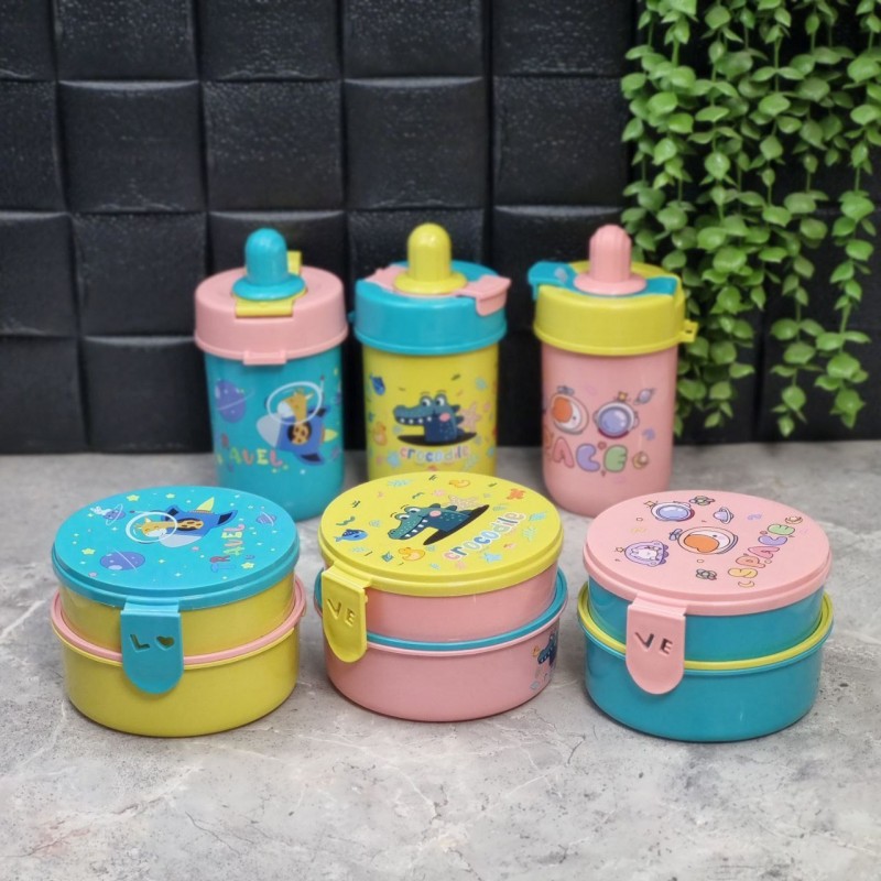 ظرف غذا دو طبقه به همراه قمقمه طرح حیوانات