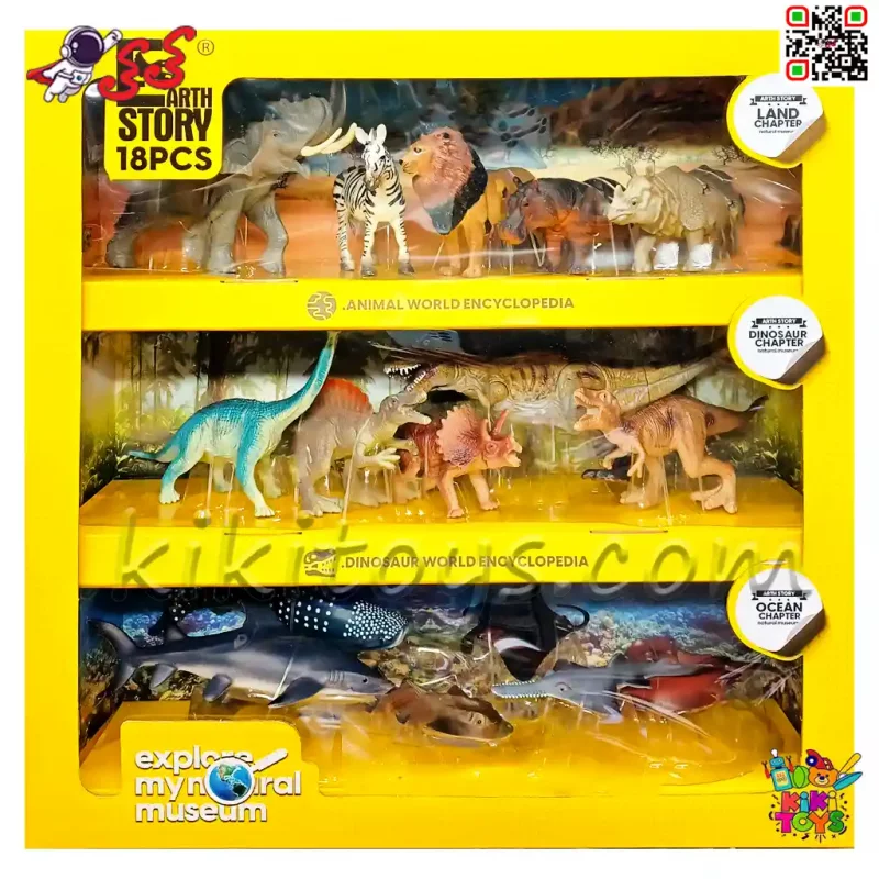 ست ۱۸ عددی فیگور حیوانات جنگلی، دریایی و دایناسور برند079 Earth Story | مناسب آموزش و بازی کودکان بالای ۳ سال