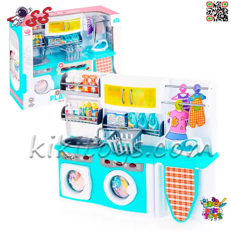 ست رختشویی و میز اتو کودک QUN FENG 2802 – اسباب‌بازی آموزشی با ماشین لباسشویی موزیکال و لوازم جانبی