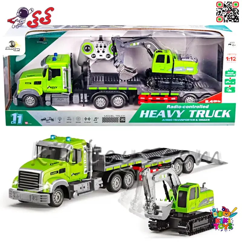 تریلی کنترلی ۱۱ کاناله با بیل مکانیکی شارژی و تریلر جداشونده مدل QH9010 – موزیکال، چراغ‌دار، با کنترل از راه دور 2.4GHz