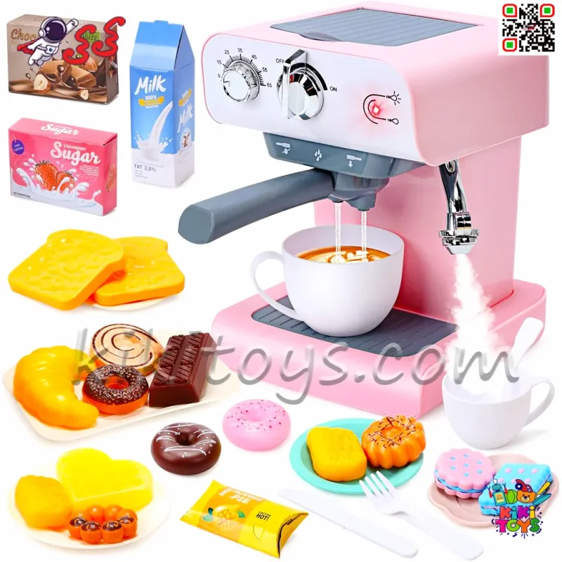اسپرسوساز و قهوه‌ساز اسباب‌بازی کودک مدل 8609 با بخار، نور و صدا | ست آشپزخانه و دسر بازی واقعی