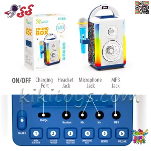 دکمه‌های کنترلی و ورودی‌های اسپیکر از نمای نزدیک – شامل ورودی میکروفون، هدفون، MP3 و دکمه بلوتوث