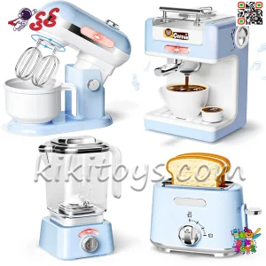مجموعه کامل شامل قهوه‌ساز، مخلوط‌کن، همزن و تستر برای بازی کامل آشپزی کودک