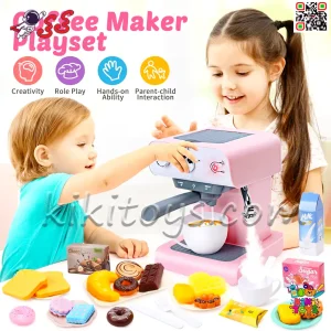 نمای کامل ست اسپرسوساز اسباب‌بازی کودک به‌همراه لوازم جانبی
