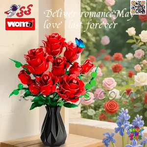 لگو دسته‌گل رز قرمز دکوری 443 قطعه WOMA مدل 11156 | گل ساختنی هدیه‌ای جذاب