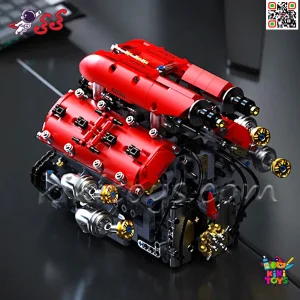 نمای نزدیک از مدل ساختنی موتور V8 مسابقه‌ای با توربو و سیم‌کشی دقیق