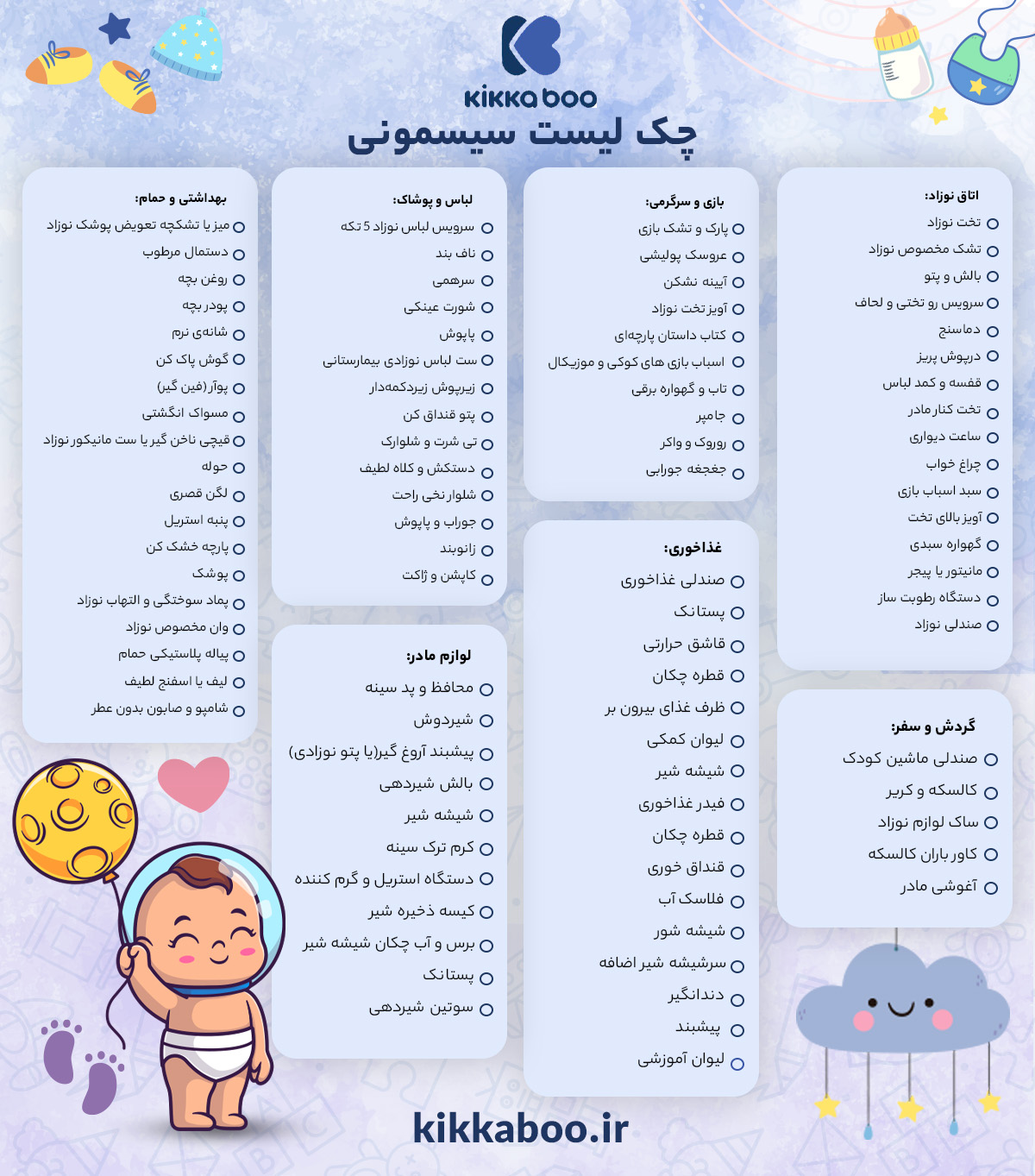 چک لیست سیسمونی نوزاد دختر و پسر، شامل لیست لوازم سیسمونی است که والدین قبل تولد نوزاد خریداری می‌کنند.