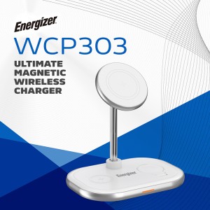استند شارژر وایرلس مگ سیف 3 کاره انرجایزر مدل WCP303 توان 15 وات به همراه کابل USB-C همراه با گارانتی
