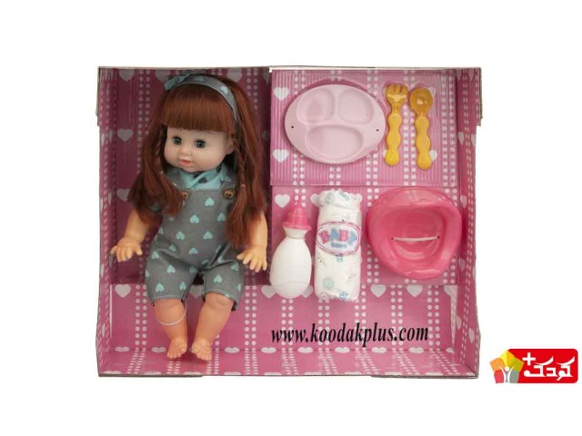 عروسک پمپرسی بی بی بورن لباس قلبی به همراه ظرف غذا و وسایل مدل mv699-1
