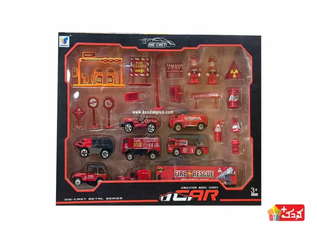 ست ماشین فلزی آتش نشانی به همراه آدمک و تابلو مدل D402