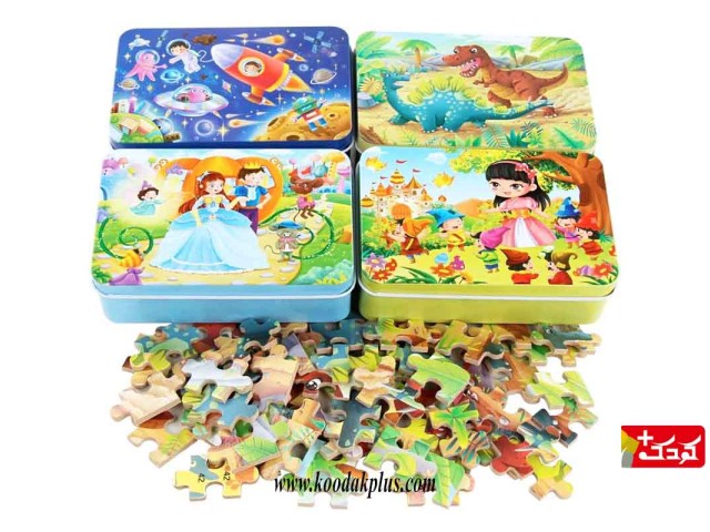 پازل چوبی جعبه فلزی 100 قطعه(10 مدل دخترانه و پسرانه)