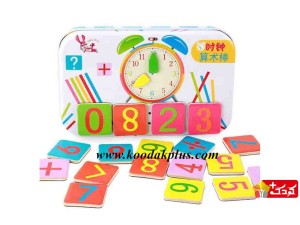 اسباببازی چوبی آموزشی اعداد و ساعت جعبه فلزی