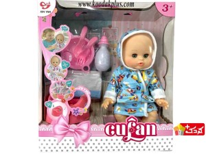 عروسک بی بی بورن کوفان طرح نوزاد با لباس حمام و پمپرس و ظرف غذا