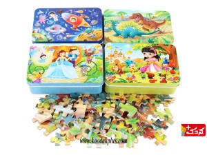 پازل چوبی جعبه فلزی 100 قطعه(10 مدل دخترانه و پسرانه)