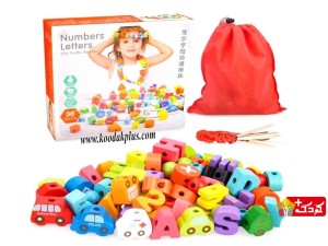 اسباب بازی نخ و مهره چوبی آموزش اعداد و حروف و وسایل نقلیه