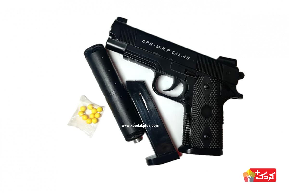 کلت ساچمه ای فلزی airsoft gun خفه کن دار مدل (+c9)؛ قابلیت پرتاب ساچمه های پلاستیکی شش میلیمتری را دارد.