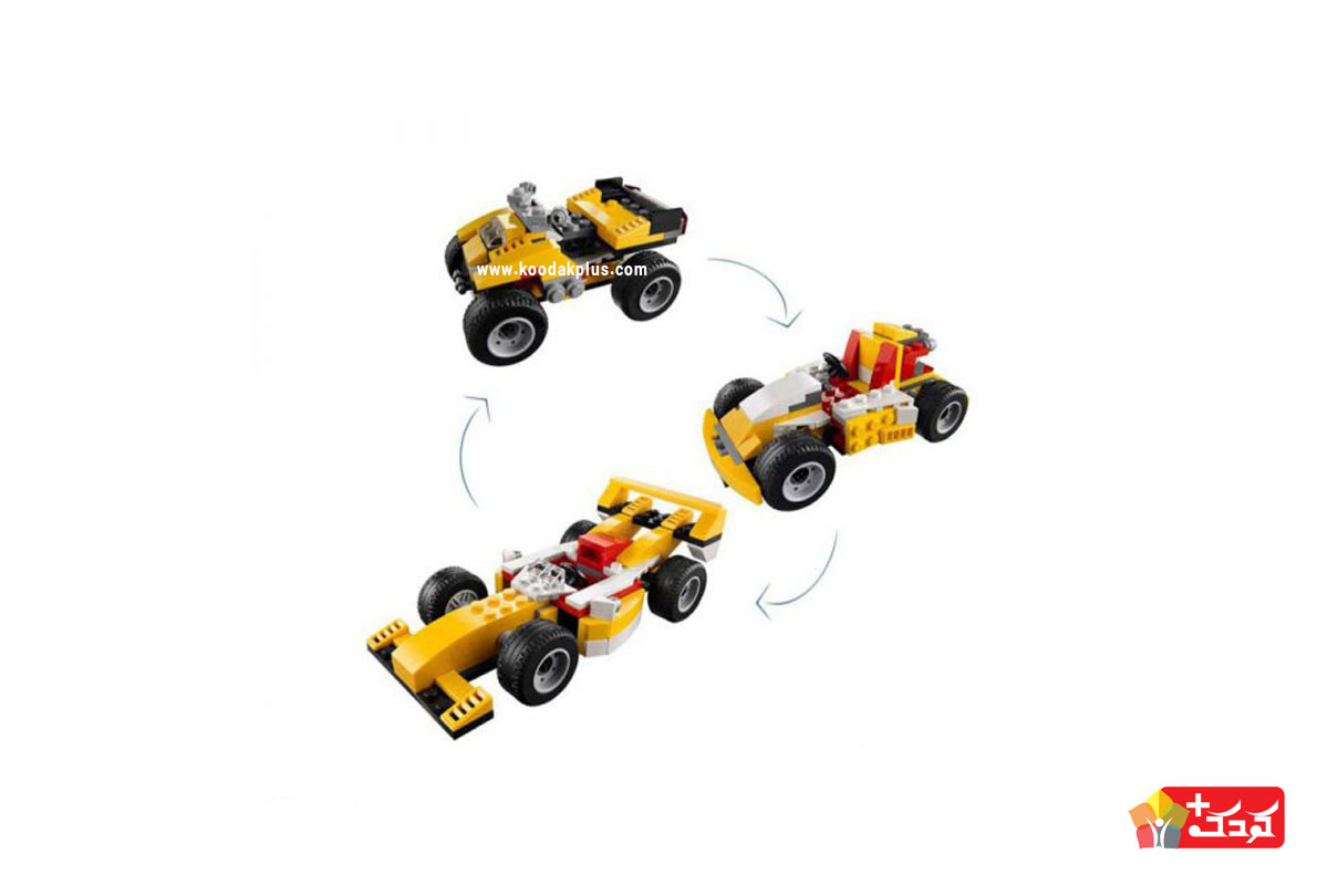 لگو ماشین مسابقه ای 3 مدلی جی سی دارای 121 قطعه است