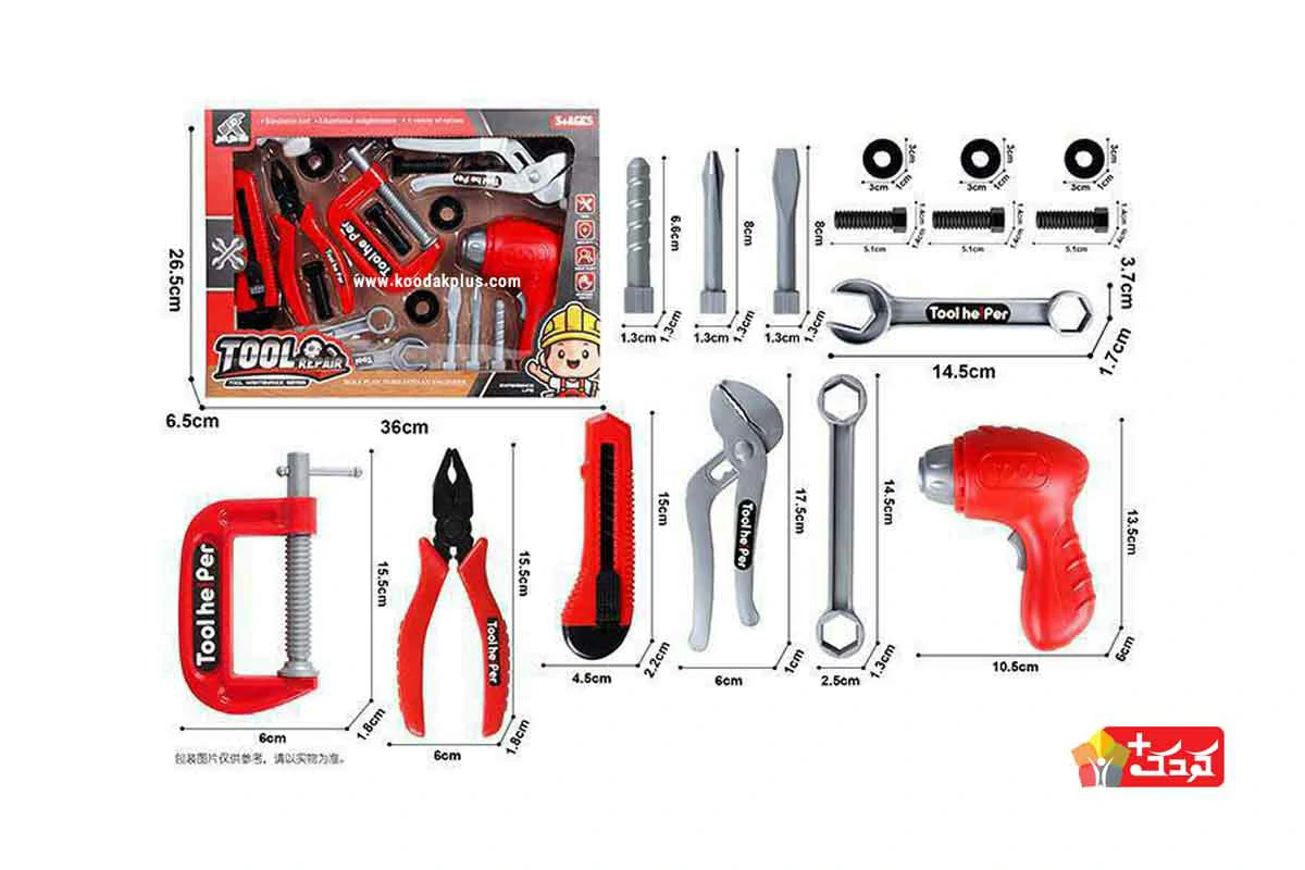 ست كامل ابزار همراه با دريل مدل 6-6103C برای بعد از 3 سالگی مناسب است.