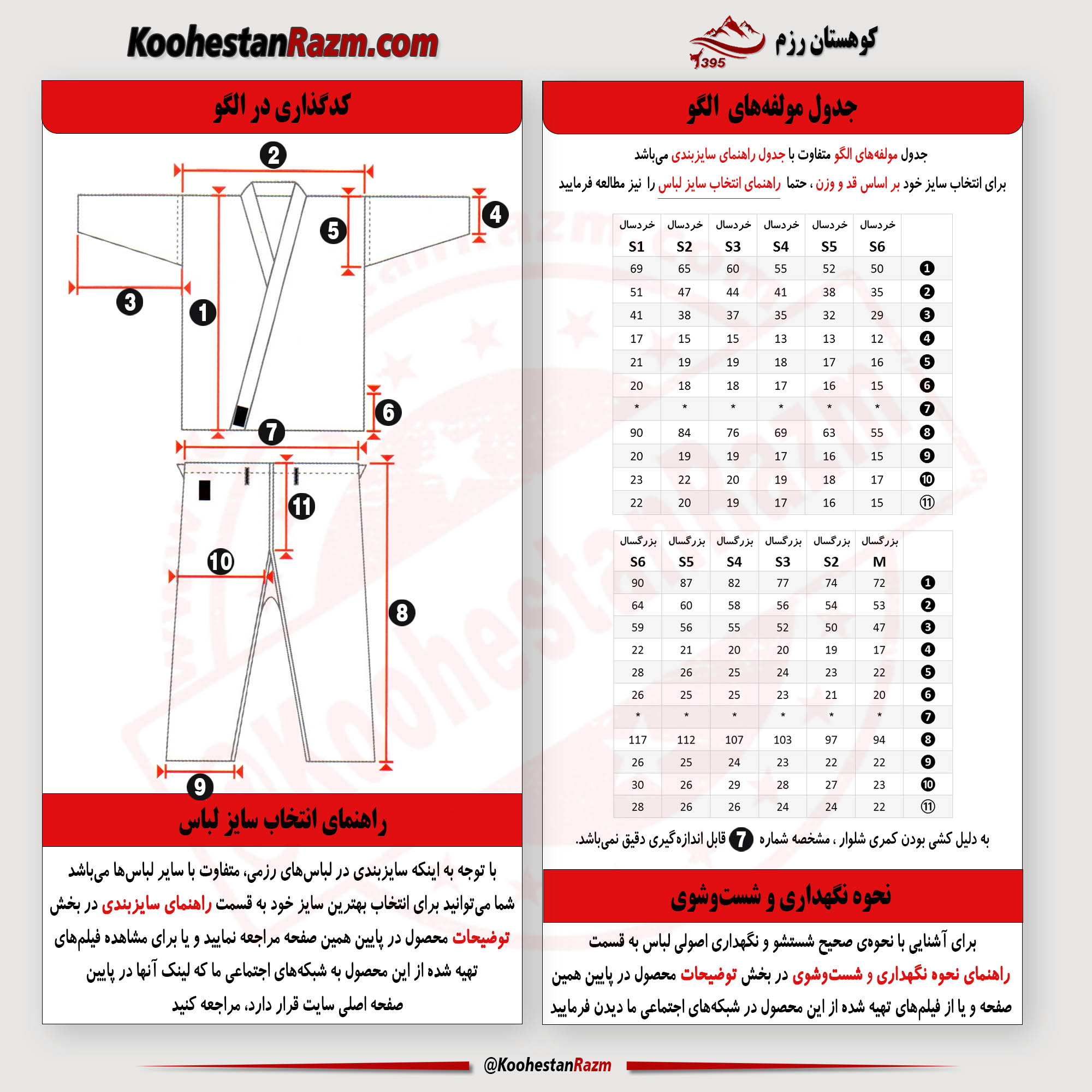 جدول سایزبندی لباس دفاع شخصی