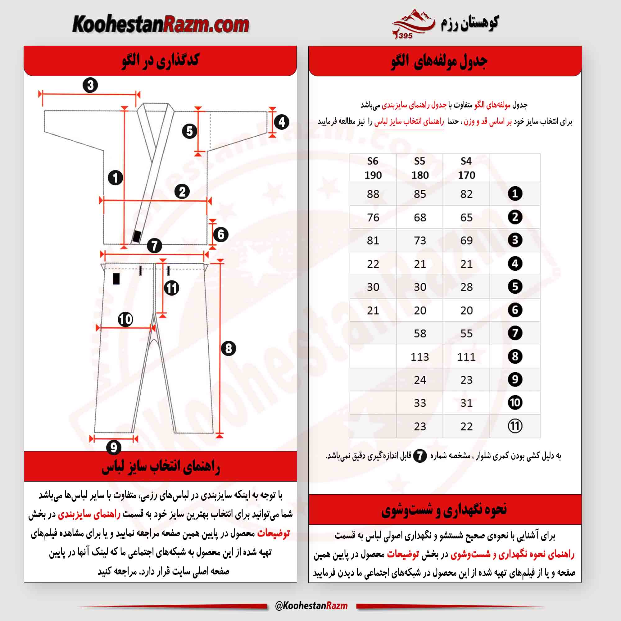 جدول مشخصات و اندازه های هر سایز