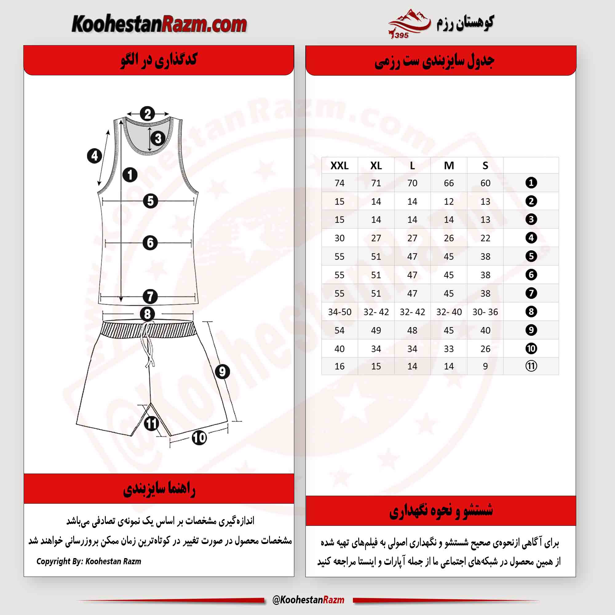 جدول اندازه های لباس های دوخته شده