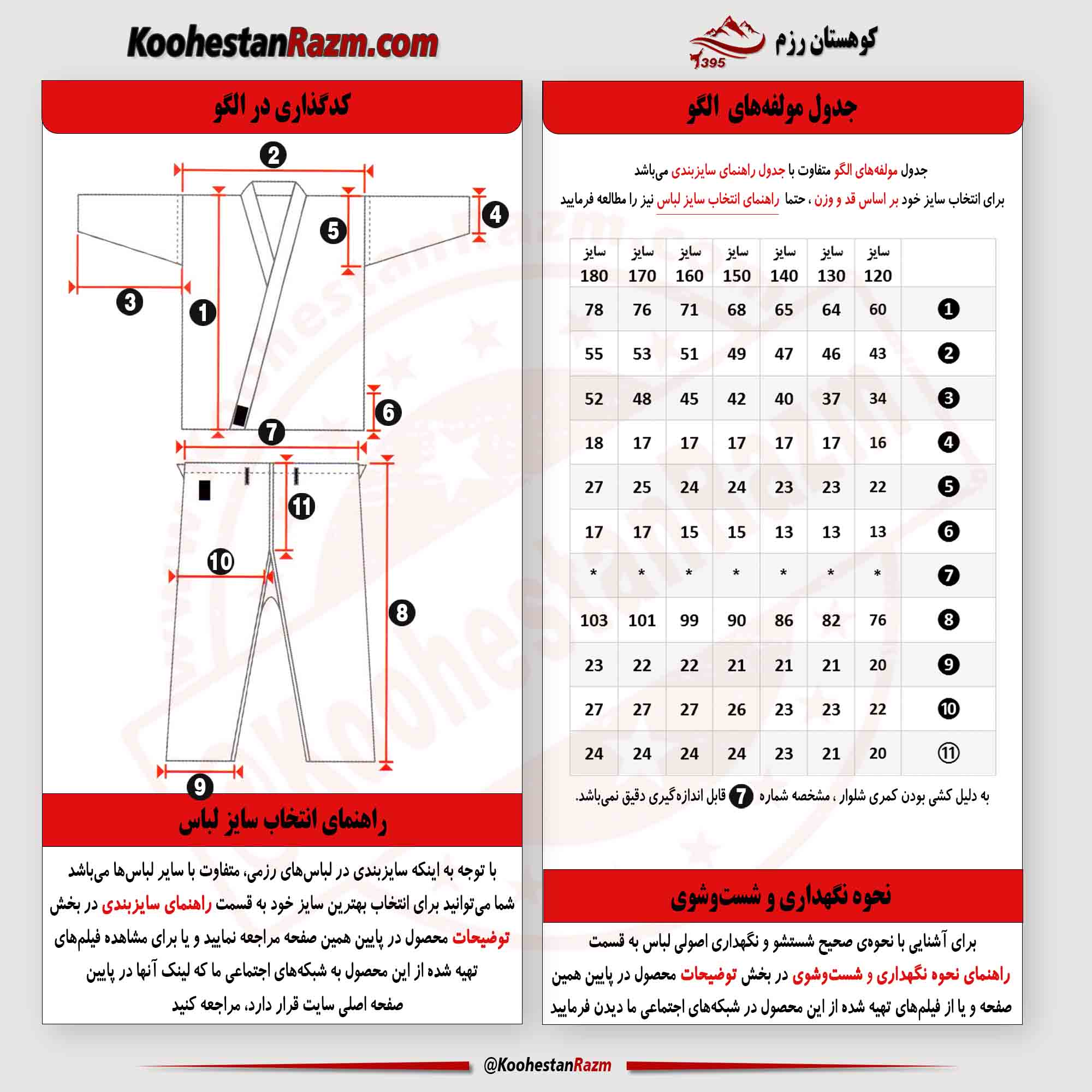جدول اندازه مشخصات لباس