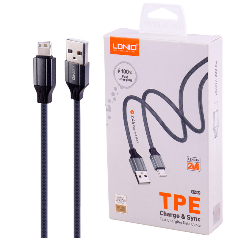 کابل لایتنینگ فست شارژ 2.4 آمپر الدینیو LS442 طول 2 متر