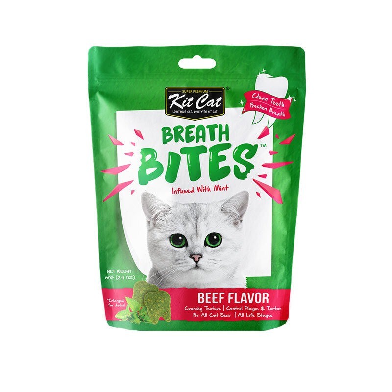 تشویقی دنتال گربه کیت کت با طعم گوشت گاو KitCat Breath Bites Beef وزن 60 گرم