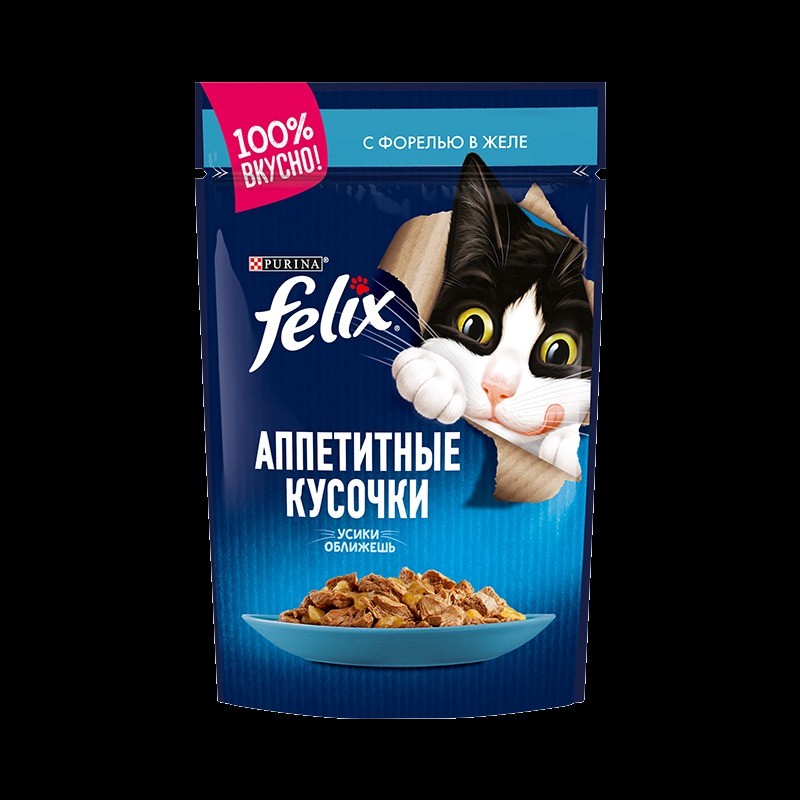 پوچ گربه فلیکس با طعم ماهی قزل آلا در ژله Felix Appetizing pieces Trout in Jelly بسته 6 عددی