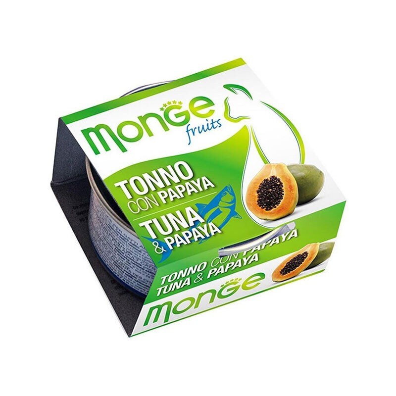 کنسرو غذای گربه مونژه با طعم ماهی تن و پاپایا Monge Fruits Cat Food وزن 80 گرم