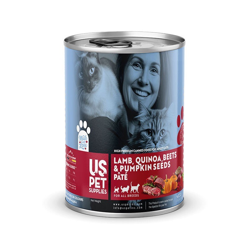 کنسرو غذای گربه یو اس پت مدل های پریمیوم با طعم گوشت بره و کینوآ و چغندر و تخم کدو USPet Cat Canned Food بسته 6 عددی
