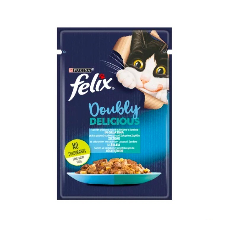 پوچ گربه فلیکس با طعم ماهی سالمون و ساردین Felix Doubly Delicious بسته 26 عددی
