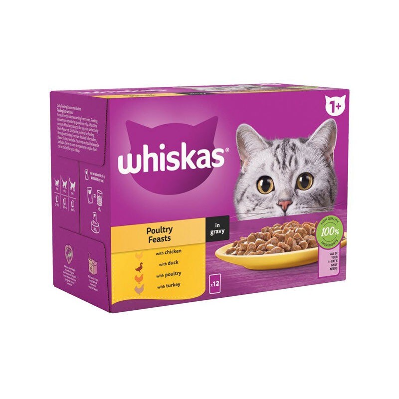 پوچ گربه ویسکاس با طعم گوشت پرندگان Whiskas Pouch Poultry Selection مجموعه 12 عددی