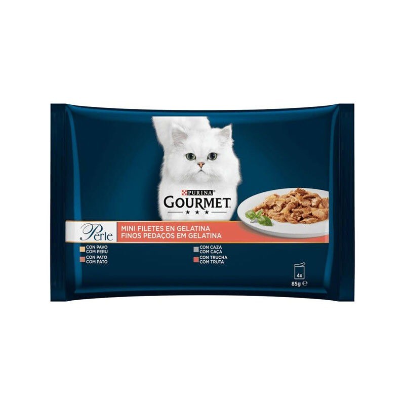 پوچ گربه گورمت در ژله با طعم اردک، گوشت شکار، قزل‌آلا و بوقلمون Gourmet Perle Multipack in Jelly بسته 4 عددی