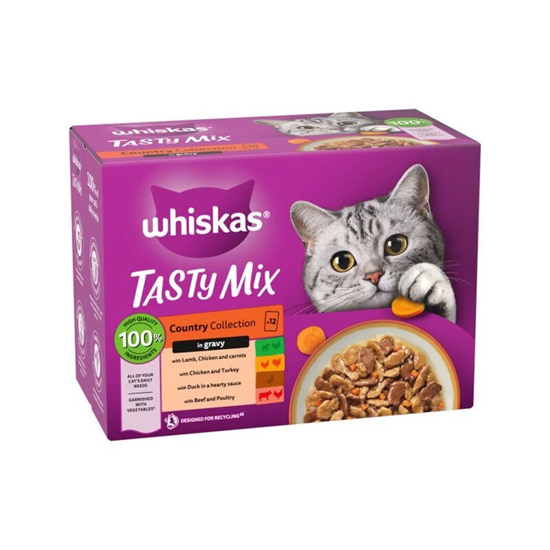 پوچ گربه ویسکاس با طعم میکس Whiskas Tasty Mix Country Collection in Gravy بسته 12 عددی