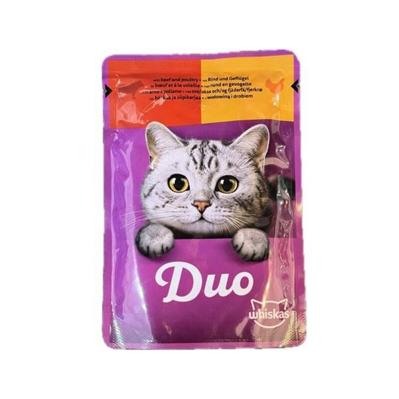 پوچ گربه ویسکاس با طعم گوشت گاو و ماکیان Whiskas Duo وزن 85 گرم