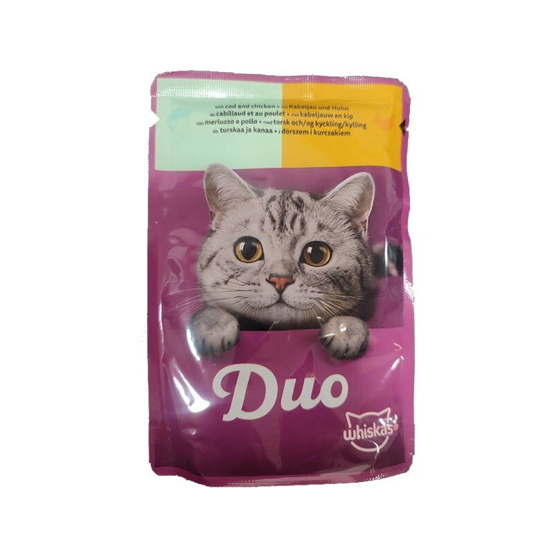 پوچ گربه ویسکاس با طعم ماهی کاد و مرغ Whiskas Duo وزن 85 گرم