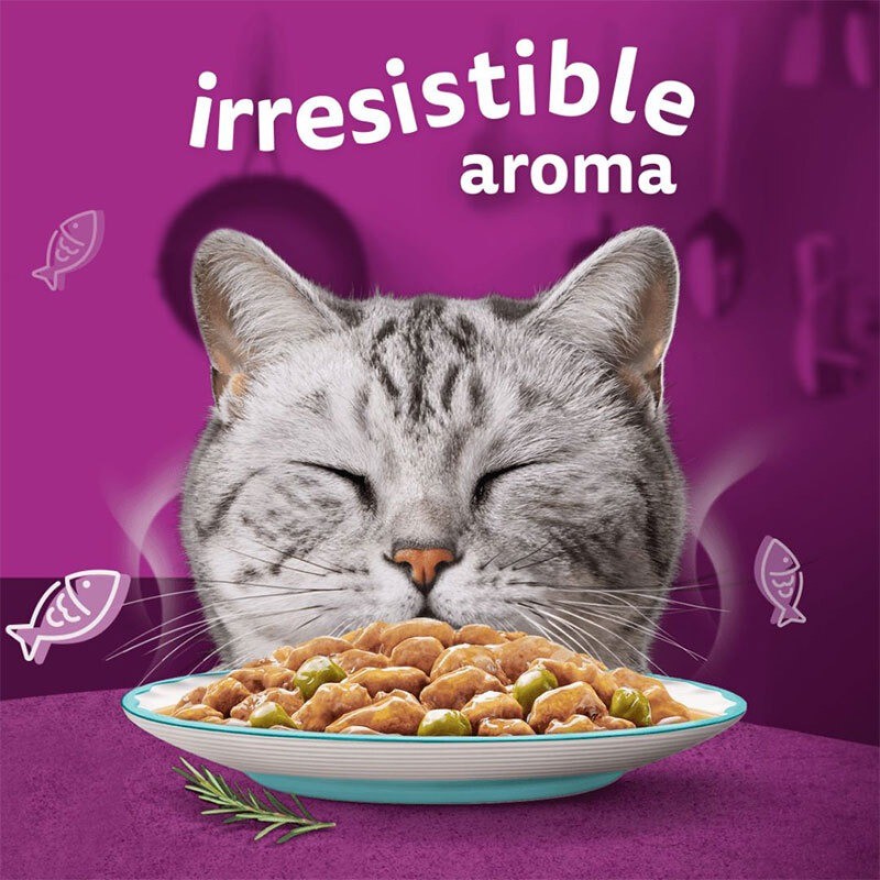 پوچ گربه ویسکاس با طعم ماهی تن و سبزیجات Whiskas Aromatic Selection Seafood Delight in Gravy وزن 85 گرم