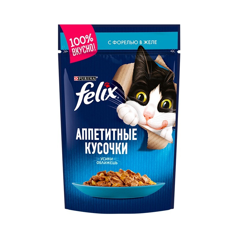 پوچ گربه فلیکس با طعم ماهی قزل آلا در ژله Felix Appetizing pieces Trout in Jelly وزن 75 گرم