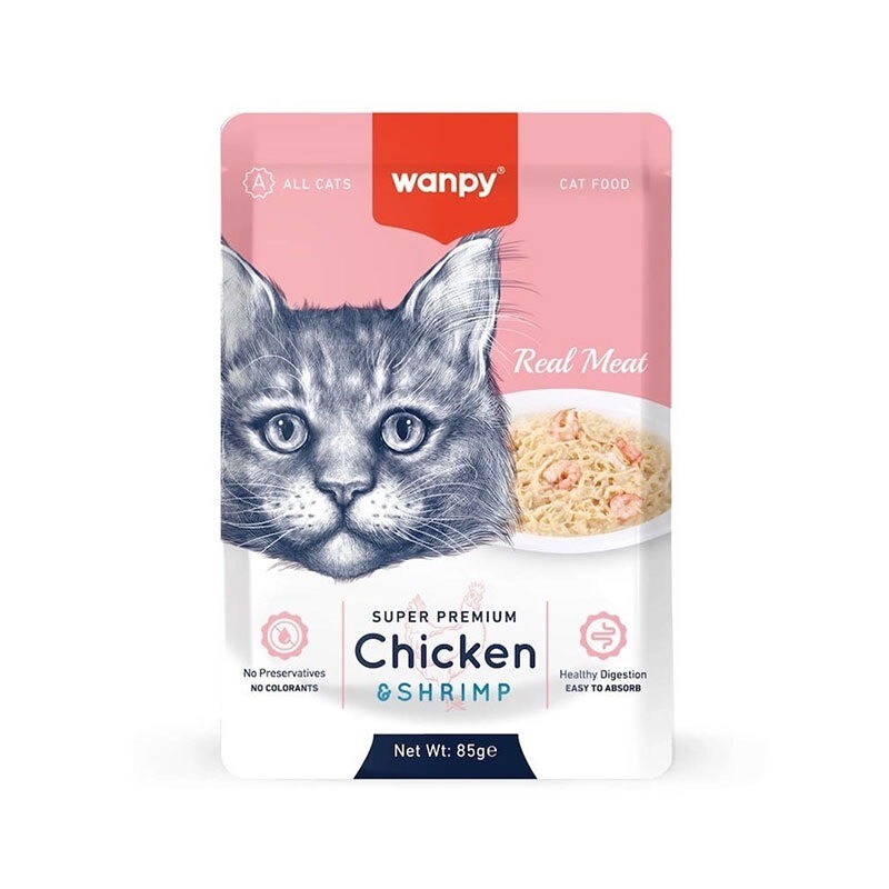 پوچ گربه ونپی با طعم مرغ و میگو سفارش اروپا Wanpy Super Premium وزن 85 گرم