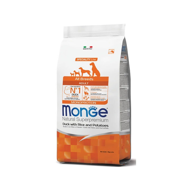 غذای خشک سگ با طعم اردک، برنج و سیب‌زمینی Monge Natural Superpremium All Breeds Adult Monoprotein وزن 12 کیلوگرم