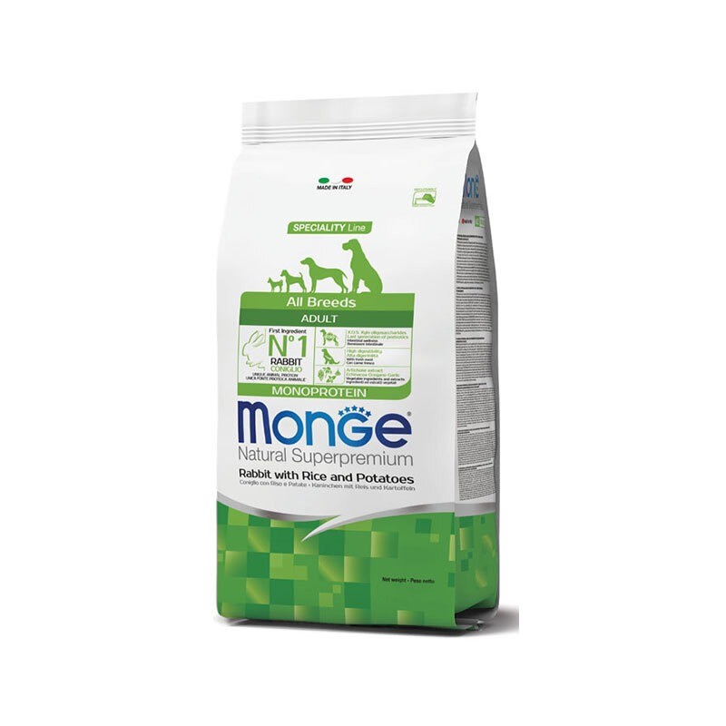 غذای خشک سگ مونژه با طعم خرگوش، برنج و سیب زمینی Monge Natural Superpremium All Breeds Adult Monoprotein وزن 12 کیلوگرم